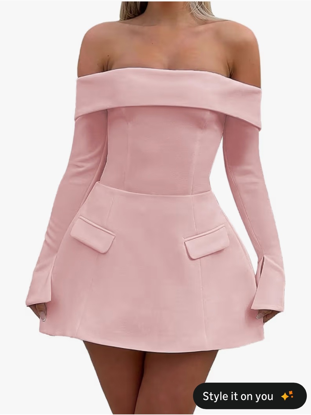 Off-Shoulder Long Sleeve Mini Dress in Blush Pink